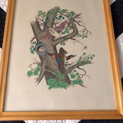 Antique Vintage Painting Birds Nesting Flying 