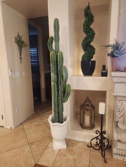 Large 7 foot faux Columnar Cactus in White Urn Planter