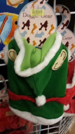 Brand new never worn doggie elf costume size medium 12 inches long