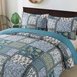 Cotton Bedspread Quilt Sets-Reversible Patchwork Coverlet Set, Chic Floral Paisley Pattern, King Size