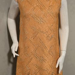 1960s Size M/L Vtg Orange Brocade Shift Silhouette Dress Mock Neck Dress 