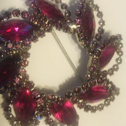 Antique Rhinestone And Rose Glass Brooch Pin 2 inches