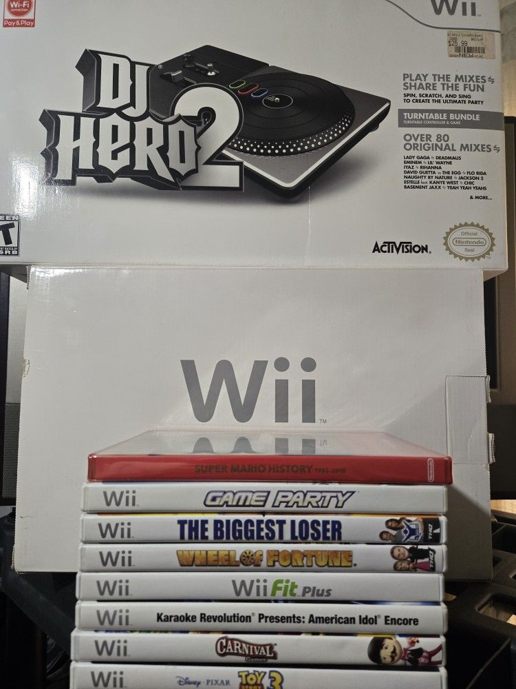 Nintendo Wii Video Game Bundle With Games Controller And Dj Hero 2 And Other Games