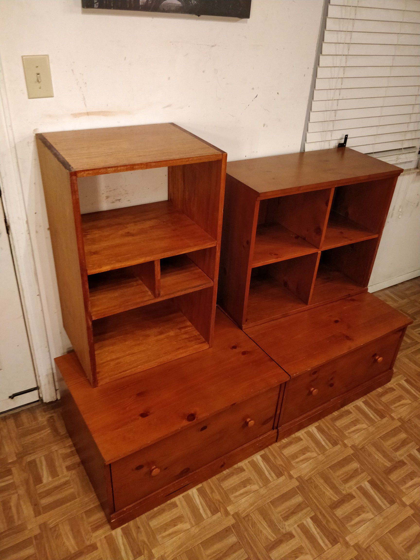 Solid wood 2 bench &2 shelves with big drawers in good condition all drawers working well, you can attach the shelves to wall, Driveway pickup. Each"