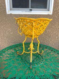 Yellow Cast Iron Plant Stand with Basket