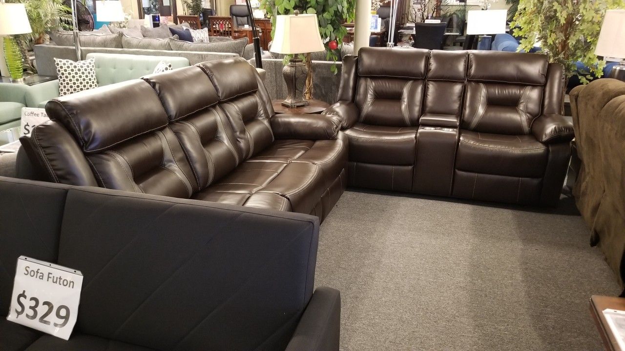 Brand New Brown Soft Gel Leather Manual Reclining Sofa + Loveaeat With Cup Holders