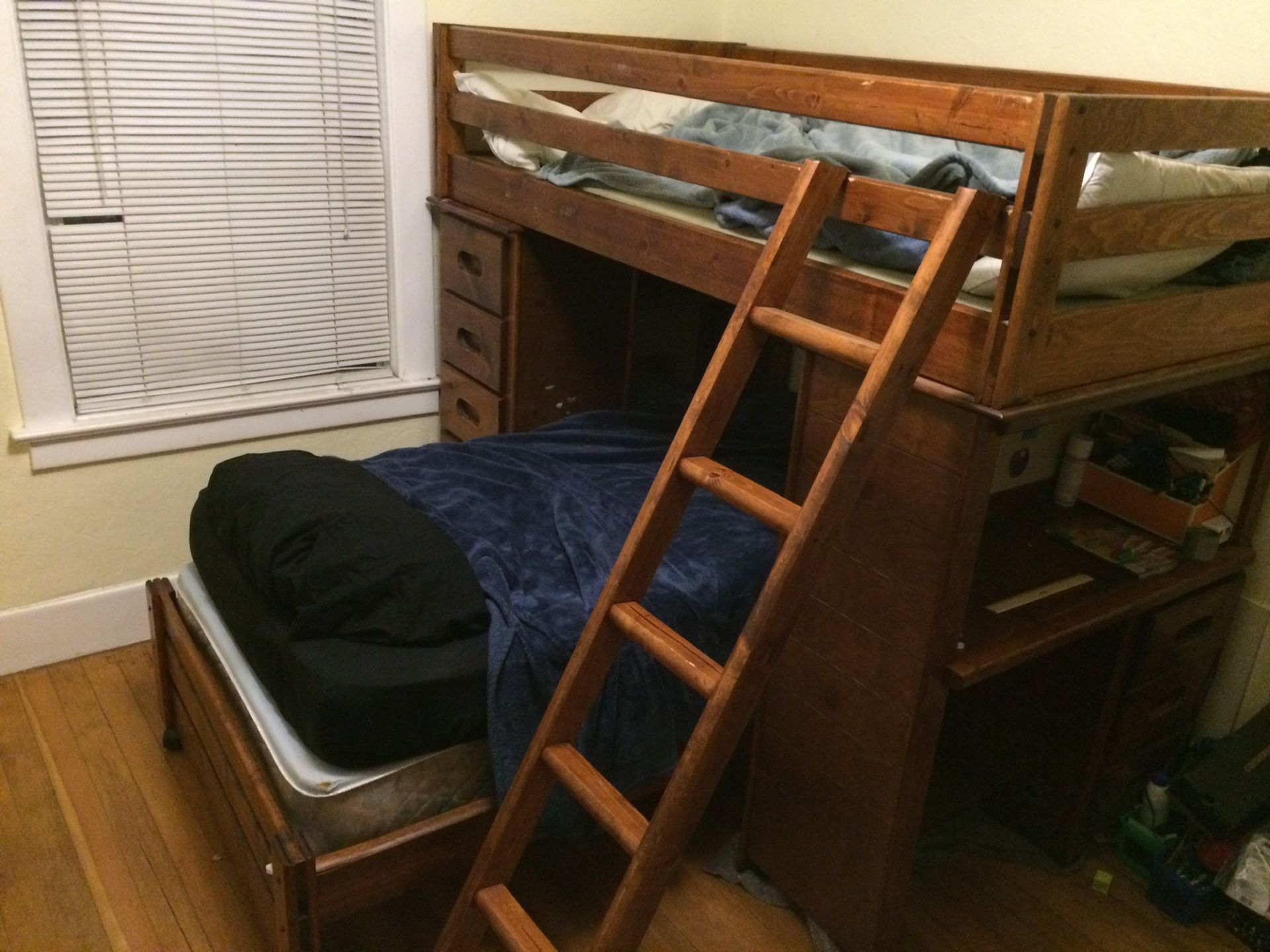 Solid wood bunk bed, moving lower bunk, with shelf, ladder, side drawers and desk