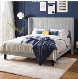 Full Upholstered Platform Bed Frame with Wingback Headboard