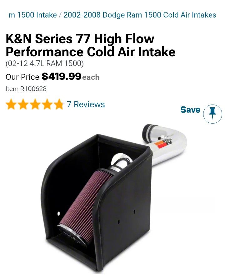 K&N Series 77 High Flow Performance Cold Air Intake
(02-12 4.7L RAM 1500)