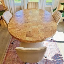 MCM Vintage Chrome & White Leather Chairs with Burlwood Laminate Table by Chromcraft