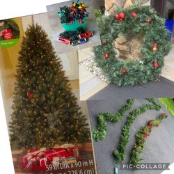 Holiday Decorations  7 1/2' Lighted Tree, Stands, Cover,  3' Wreath, 36' Lighted Garland, Outdoor/Indoor Lights & 1 1/2' Victorian Tree