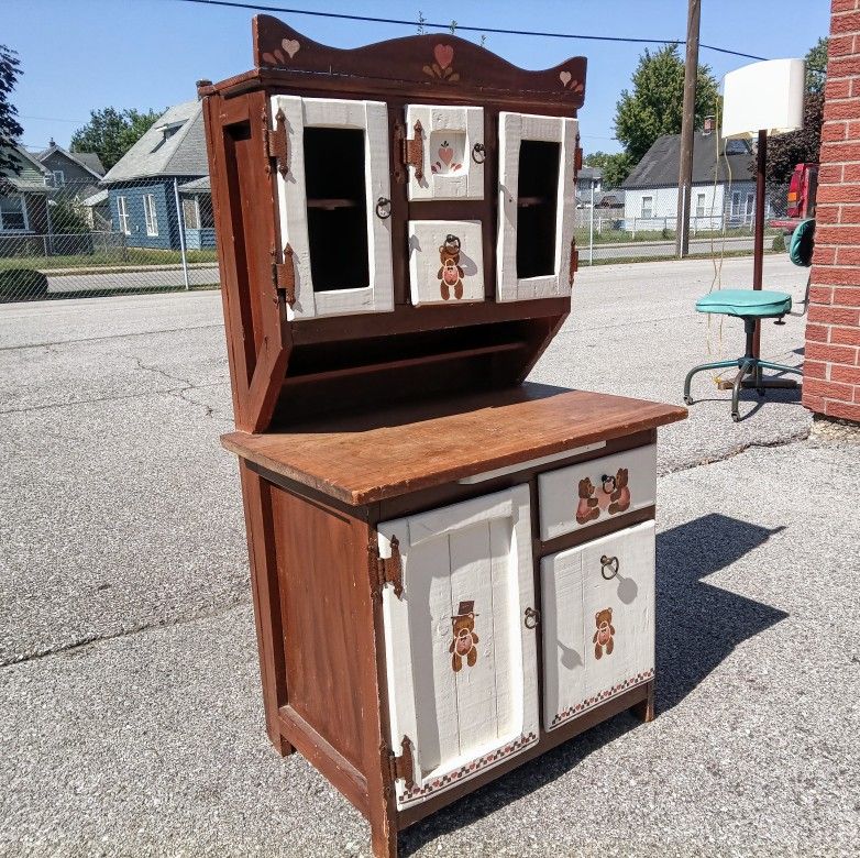 Charming Antique Wood Child Play Kitchen Hutch Cabinet - Cute details!