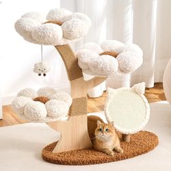 Modern Cat Tree Tower for Indoor Cats Large Adult, 37 inch Flower Cat Tree with Scratching Post, Luxury Aesthetic Cat Tree with Cloud-Soft Flower Perc