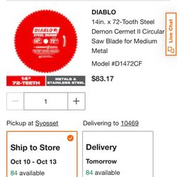 Diablo steel demon 14” 72 Teeth 