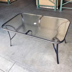 (Brand New) $80 Large Outdoor Patio Metal Table 59x36x28 Inches Tempered Glass w/ Umbrella Hole