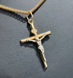 Jewelry 10k Solid Two Tone Yellow Gold Cross Jesus Religious Cross Pendant charm