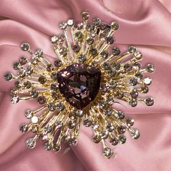 JJ Fantasia 2000s Gold Purple Rhinestone Burst Brooch, NWT, 3x2.25”