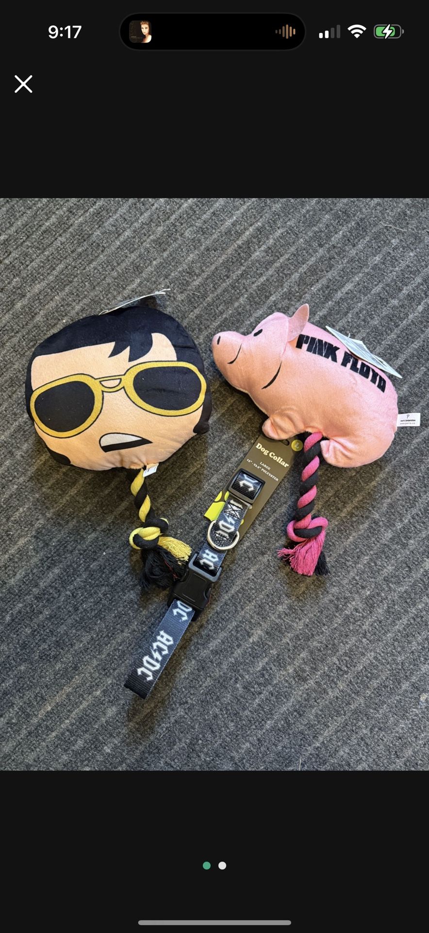 2 DOG TOYS ELVIS & PINK FLOYD & AC/DC DOG COLLAR  LARGE