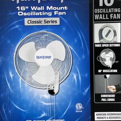 Hurricane Wall-Mount Fan, Quiet 90-Degree Oscillating Fan with 3 Speeds, 16" Classic