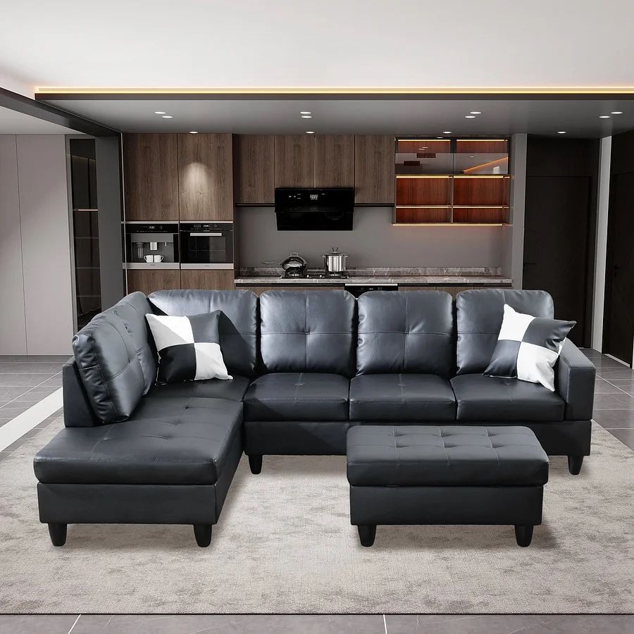 Black Leather Sectional Couch Set And Ottoman