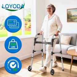 Folding Walker with 2 Skis and 5" Wheels, Lightweight Walkers for Seniors and Adults, Supports Up to 350 Pounds, Adjustable Height, Compact. Retails $