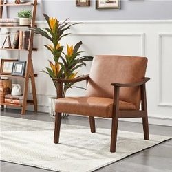 Mid-Century Modern Faux Leather Armchair with Solid Wood Legs, Upholstered Accent Chair for Living Room, Bedroom, Guestroom