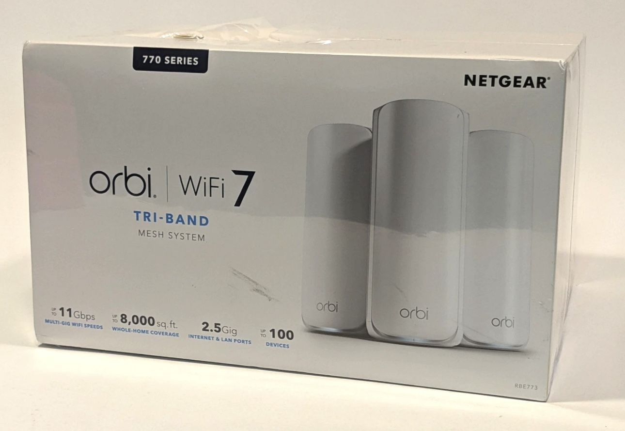NEW NETGEAR - Orbi 770 Series RBE773 Tri-band Mesh Wi-Fi 7 System 3-pack - White Open box item is new! The NETGEAR Orbi 770 Series Tri-band Mesh Wi-
