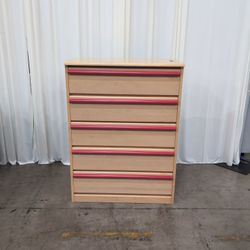 Light Wood Five-Drawer Dresser with Red Handles