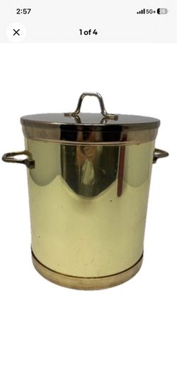 Vintage Brass Ice Bucket w/ Lid Mid Century Barware Side Handles 7” Tall