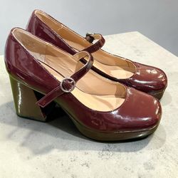 Sun + Stone Burgundy Patent Mary Jane Platform Heels • Size 8