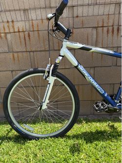 blue and white Mongoose Rockadile mountain bike.