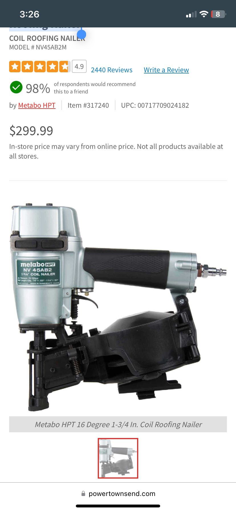  Metabo HPT 16 Degree 1-3/4 In. Coil Roofing Nailer