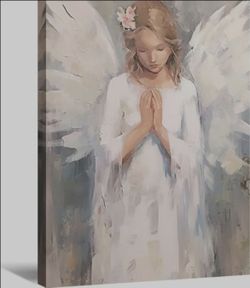 Angel Wall Art - White Angel and Wings Canvas Print - Abstract Girl Painting - Artwork for Living Room, Bedroom, Bathroom - Frame (Art-1, 16.00x24.00 