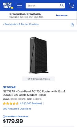 NETGEAR - Dual-Band AC1750 Router with 16 x 4 DOCSIS 3.0 Cable Modem - Black