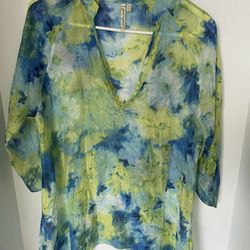 Grand & Greene Womens Size S Green, Blue & White 3/4 Sleeve V-Neck Tunic Top