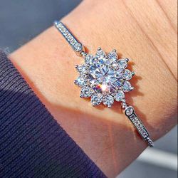5 Carat Flower Moissanite 18kt White Gold Plated Sterling Silver Bracelet.