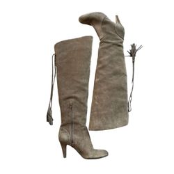 Taupe Suede Over-the-Knee Tassel Boots