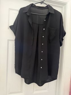 Black Sheer Button-Down Short Sleeve Blouse