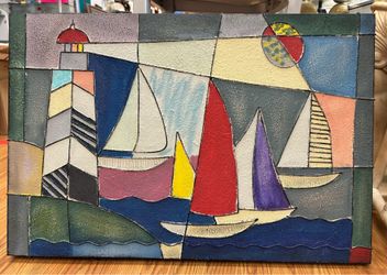 vintage lighthouse & sailboats metal artwork 30” x 20.5”