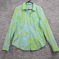 Lilly Pulitzer Shirt Women 10 Green Button Up Long Sleeve Palm Tree Tropical
