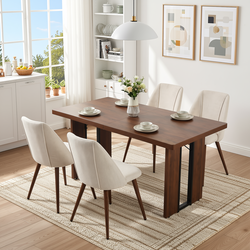 Homy Casa SORIAN+KALI 5PC Dining Set 63" Table with 4 Beige Fabric Chairs Walnut Metal Legs