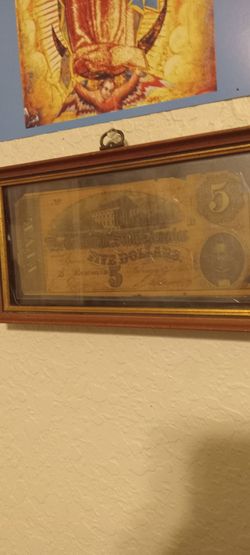 1862 civil war 5 dollar note & postcards