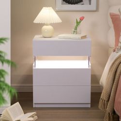 White LED Nightstand Modern Night Stand for Bedroom Bedside Table with 3 Wood Drawers End Side Table