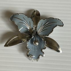 vtg Silver Enamel Orchid Brooch