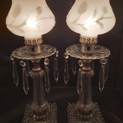2 Beautiful Vintage Boudoir Parlor Lamps With 6 Crystal Prisms Each
