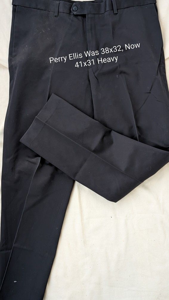 New Perry Ellis Portfolio Dark Blue Dress Pants Tag 38x32, I Measure 42x31 Heavy Active Comfort Stretch Waist. 100% Cotton. Back Pockets Button, Flat