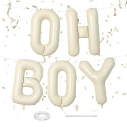 40 Inch Beige OH BOY Letter Balloons,Large Cream White Balloons for Gender Reveal Boho Baby Shower Decorations,Oh Boy Sign Banner Backdrop for Boy or 