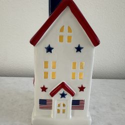 Patriotic LED light Up Red,white, And Blue American Flag Ceramic House