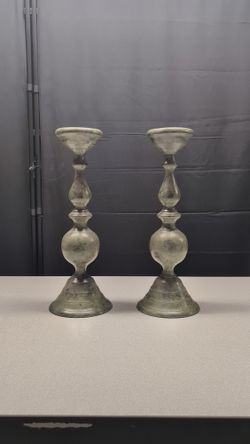 Pair of Distressed Metal Baluster Candlestick Holders