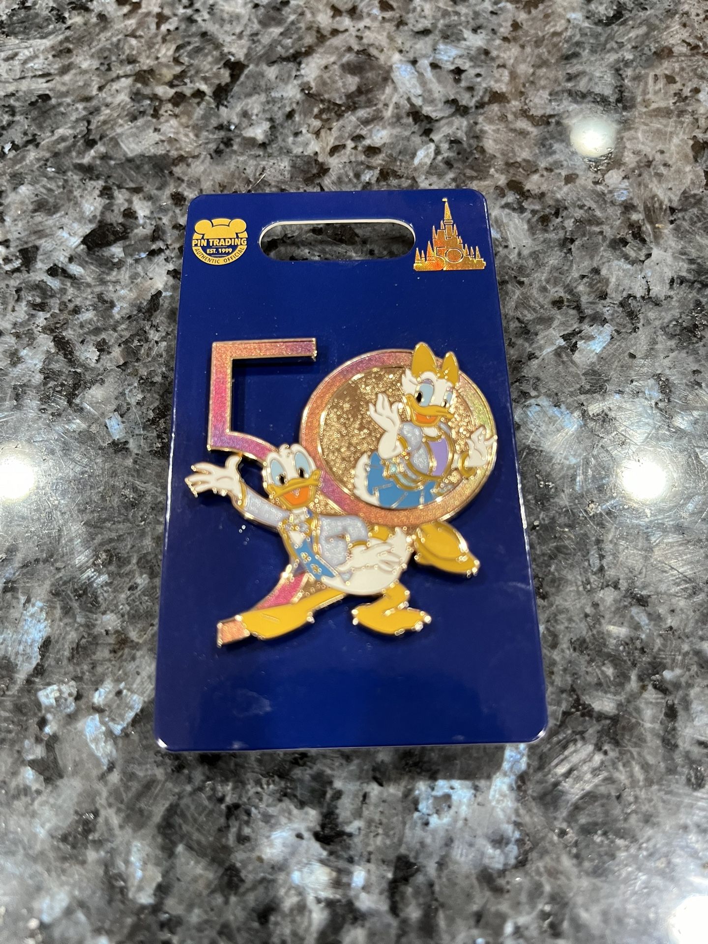 Disney Pin Walt Disney World 50th Anniversary Donald and Daisy Duck Trading Pin. Size approximately 1 3/4 inches long / 1 1/2 inches wide. Brand new